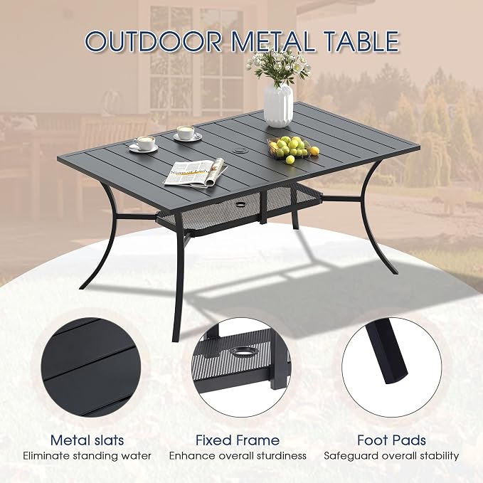 VICLLAX 8 Pieces Patio Dining Set with Blue Umbrella, 6 Stakable Wicker Outdoor Chairs and Patio Rectangular Table with Umbrella Hole for Backyard Lawn Deck, Black Tabletop