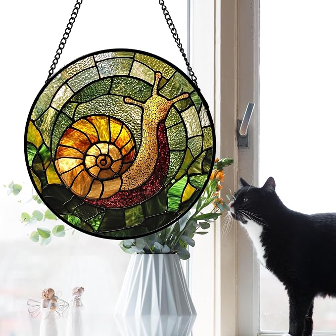 Stained Glass Window Hanging, Green Orange Snail Sun Catcher for Door Home Decor Suncatcher Christmas Mother's Day Birthday Gifts for Women Men Mom and Nana 15 in