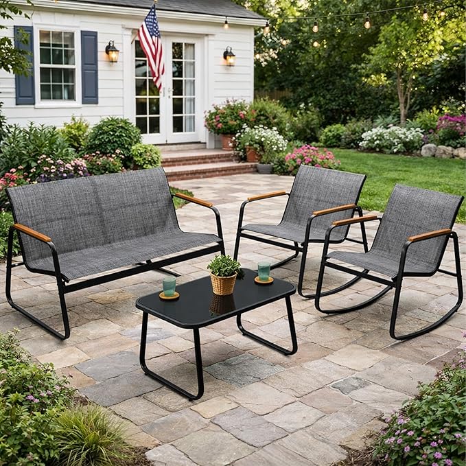 Kozyard 4-Piece Outdoor Patio Furniture Set with Textilene Chairs, Metal Conversation Set, Tempered Glass Coffee Table, Powder-Coated Steel Frame for Garden, Poolside, Backyard Gray