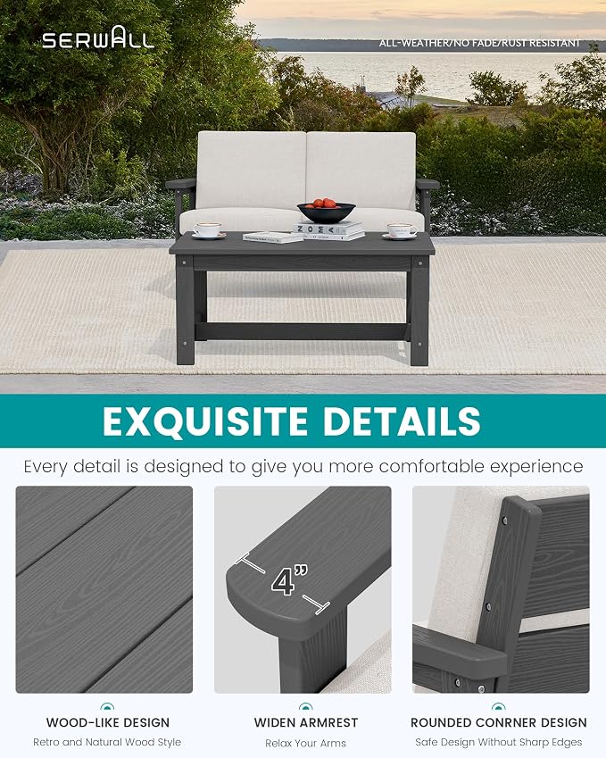 SERWALL HDPE Outdoor Patio Loveseat, All Weather Wood-Like Outdoor Sofa HDPE Outdoor Furniture, Grey Frame and Khaki Cushion