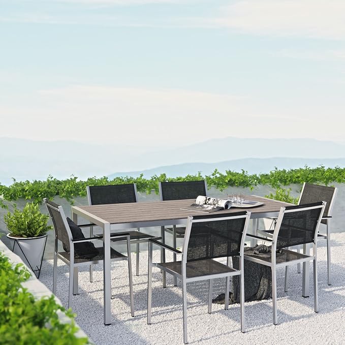 Modway Shore 7-Piece Aluminum Outdoor Patio Dining Table Set in Silver Black