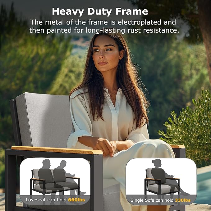 4-Piece Outdoor Patio Furniture Set, Metal Conversation Sofa Set with Deep Cushions & Wood-Like Armrests, Modern Patio Seating with Coffee Table for Garden, Porch, Balcony, Backyard (Grey)
