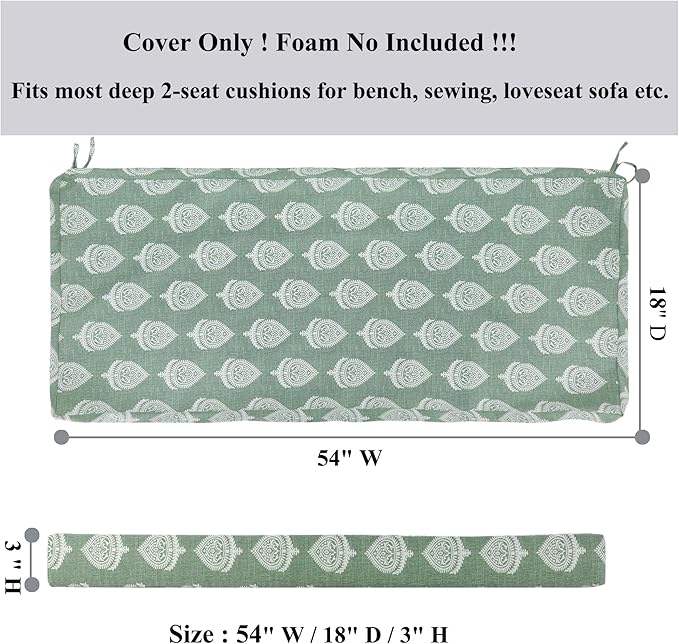 FUNHOME Outdoor Bench Cushion Covers,54" x 18" x 3", No Insert! Patio Bench Cushion Covers for Outdoor Furniture,Water Resistant Patio Loveseat Covers 1 Pack, Fair Green(Covers ONLY)