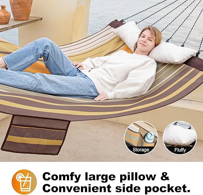 GAFETE 14ft 2 Person Hammock for Outside, Quick Dry Textilene, Portable Hammocks Without Stand with Folding Steel Spreader Bar, Carrying Bag, Tree Straps, Pillow & Sidebag, 550 lbs Capacity (Coffee)