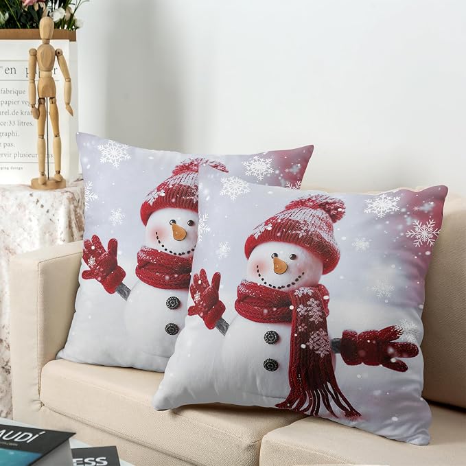 Snowman Pillow Covers 16x16 Set of 2 Christmas Winter Holiday Throw Pillow Covers Red Snowman with Snowflake Cushion Case for Couch Living Room Bedroom Sofa
