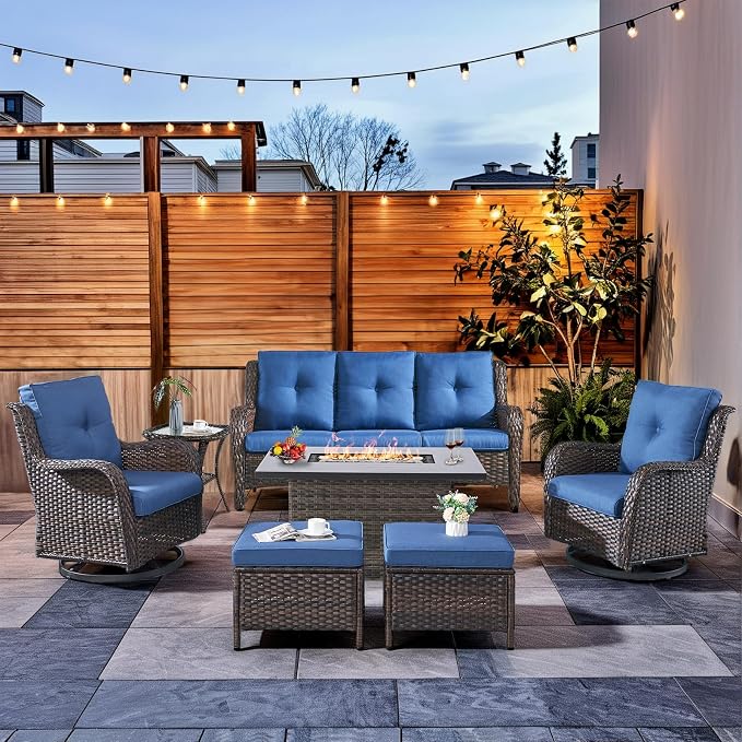 HUMMUH 7 Pieces Patio Furniture Set with Fire Pit Table Outdoor Conversation Set PE Wicker Patio Couch Swivel Glider Chairs Ottomans for Balcony Garden,Lawn,Deck