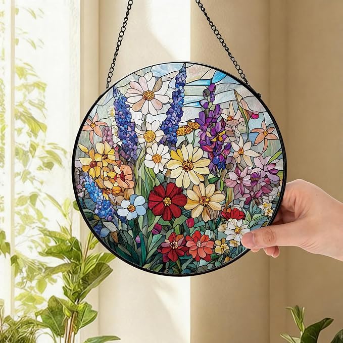 Colorful Wildflowers Suncatcher Stained Glass Window Hanging | 7.9 in, Sun Catcher, Garden Decor