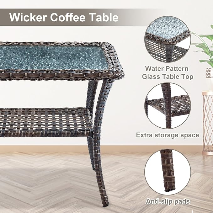 Belord Patio Wicker Furniture with Rocking Chairs Loveseat, 5 Piece Rattan Furniture Outdoor Table and Rocking Chairs Set for Patio Deck Porch Backyard Brwon/Grey
