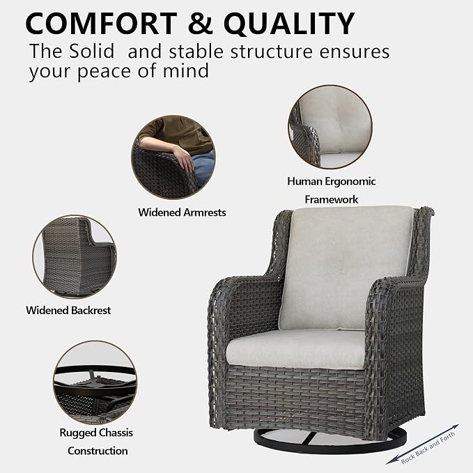 Wicker Patio Furniture Set 6 Piece Set with 1 Three-Seat Sofa, 2 Swivel Rocker Chairs, 2 Ottomans and 1 Side Table, Outdoor Furniture Patio Conversation Sets(Mixed Grey/Beige)