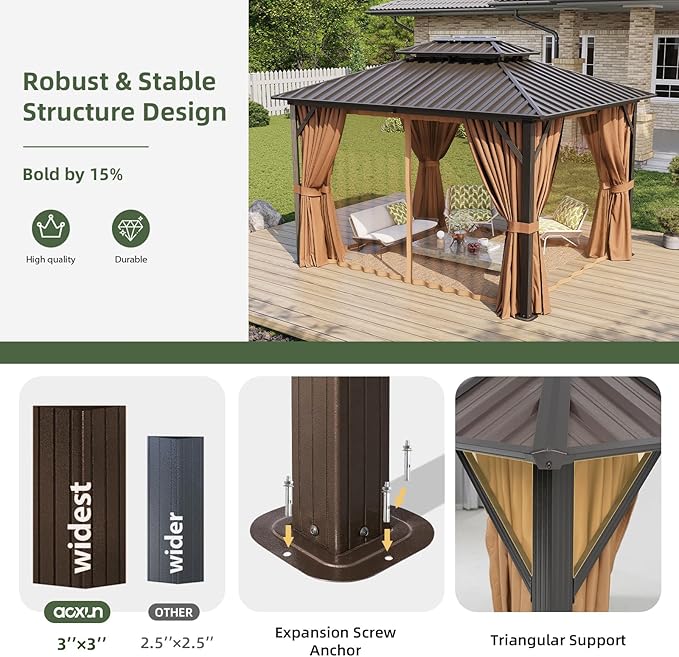 Aoxun 10’x12’ Hardtop Gazebo, Permanent Metal Pavilion with Galvanized Steel Double Roof, Outdoor Pergola with Nettings and Curtains for Lawn, Garden, Patio (Brown)