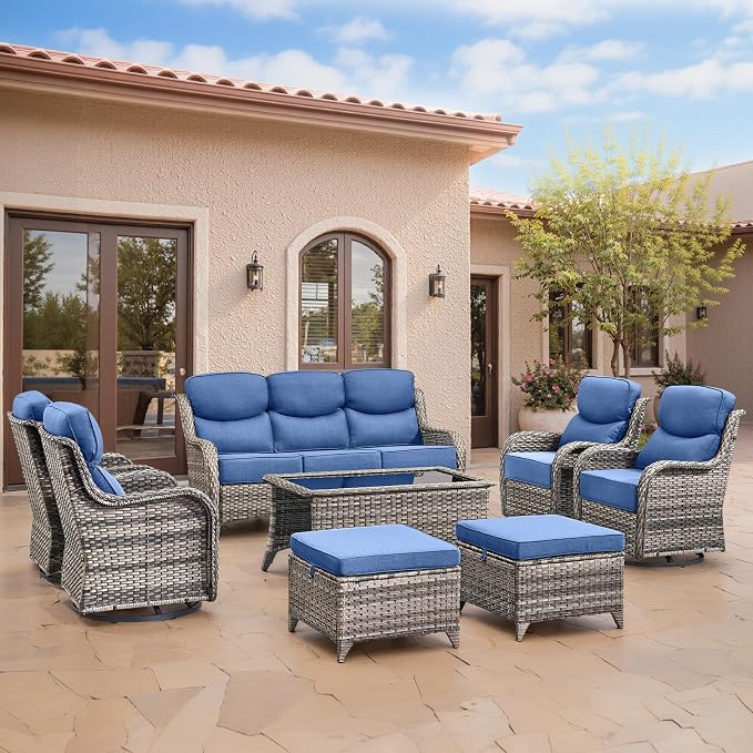 Swivel Patio Chairs Sofa Set of 4 with 6" Thick Cushion - Wicker Outdoor Swivel Rocker Patio Chair with Side Table, High Back Comfortable Outdoor Glider Chairs - Grey Wicker | Blue Cushions
