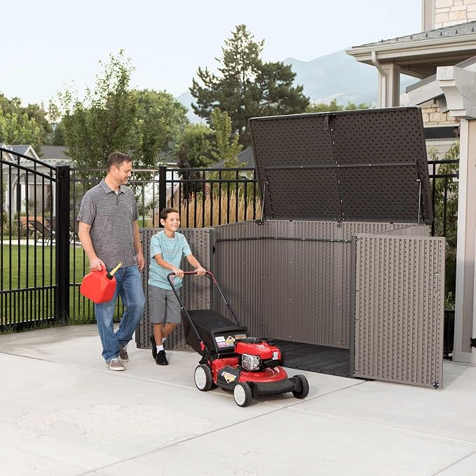 LIFETIME Horizontal Outdoor Storage Shed, Weather Resistant Resin Storage Can Fit Two Large Garbage Cans, Lockable Doors, Spring‑Hinge Lid, Low‑Maintenance Backyard Utility Shed