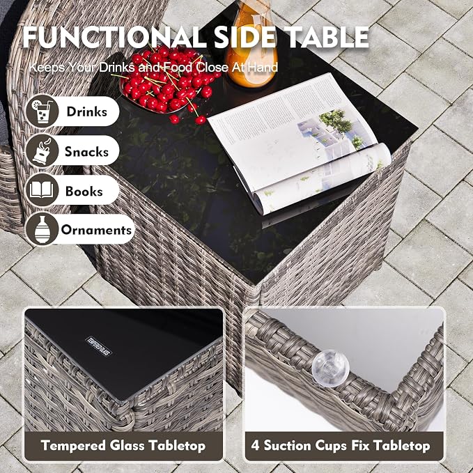 MEISSALIVVE 3 Pieces Patio Furniture Set, Outdoor Swivel Rocker with Washable Cushions & Tempered Glass Tabletop, Outdoor Rattan Conversation Set for Lawn Backyard Porch (Grey)