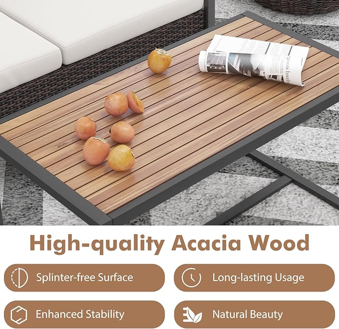 Tangkula 2 Pieces Patio Wicker Furniture Set, Heavy Duty Outdoor Cushioned Loveseat with Acacia Wood Coffee Table, for Backyard, Balcony, Deck and Poolside (Off White)