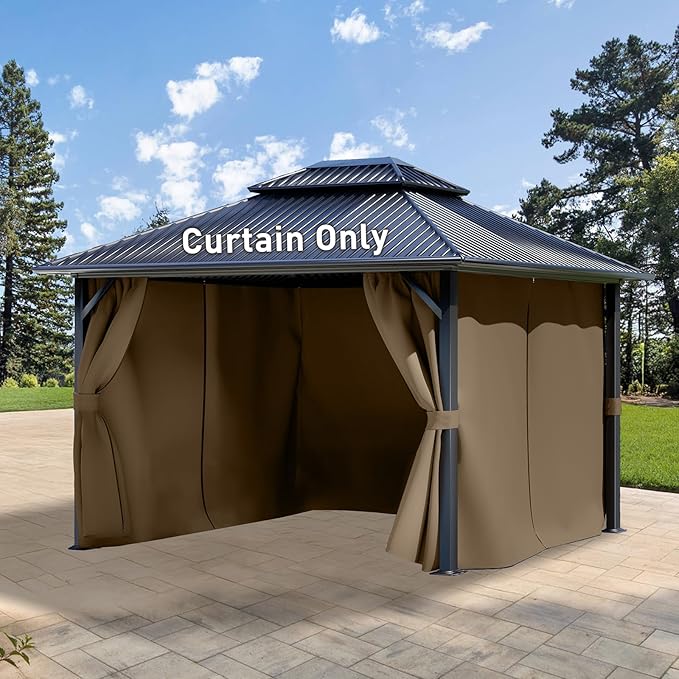 Aoodor 12x12 ft Outdoor Gazebo Curtains, 4 Panels Waterproof Privacy Sidewall Replacement with Zipper for Patio Pergola and Canopy, Light Coffee