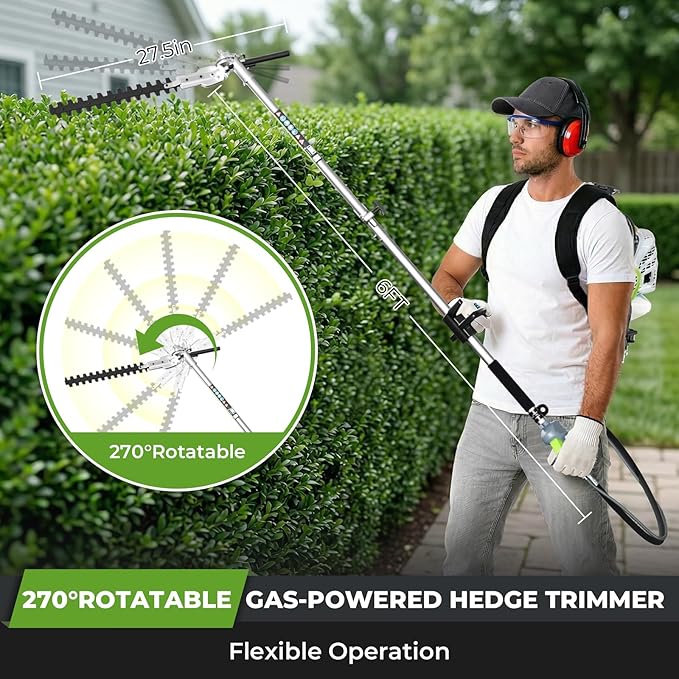 6-in-1 Multi-Functional Gas Powered Weed Wacker, 52CC 2-Stroke Backpack Gas Weed Eater String Trimmer, Hedge Trimmer, Pole Saw, Brush Cutter Blade, Safety Lock & Shoulder Strap for Garden, Yard