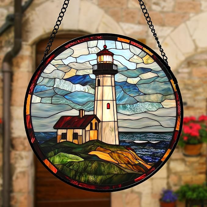 DASTOLL Stained Glass Window Hanging, Ocean Lighthouse Sun Catchers Glass Panel Blue Green Suncatcher Decor for Birthday for Women, Men, Wife, Aunt, and Mom 7.8 in