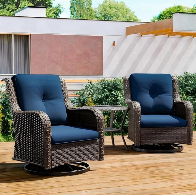 KEIKI Outdoor Swivel Rocker Wicker Chairs Set of 2, 3 Pieces All Weather Rattan Bistro Set Small Conversation Set with 2 Swivel Rocking Chairs and Side Table for Porch Deck Garden Backyard