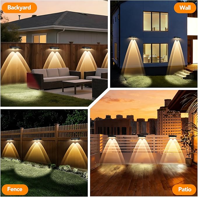 Solar Fence Lights Outdoor,2 Pack Waterproof LED Solar Powered Decj Light with Ultra Bright LED Lens,3000K/4000K/6000K Selectable,12+ Hours Steady Glow for Railing,Backyard,Wall