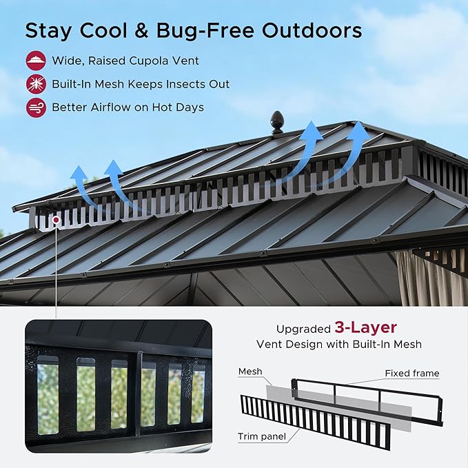 SUNJOY Kingston 16' x 12' Hardtop Wood Gazebo with Galvanized Steel Double Roof, Curtain and Netting, Cedar Posts Permanent Pavilion Gazebo for Garden, Patio, Deck, Lawn