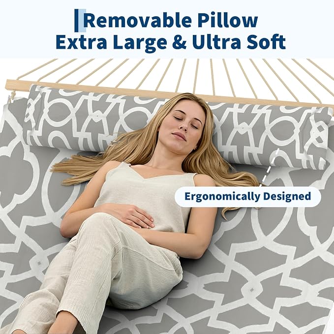 Garvee Double Quilted Fabric Hammock with Hardwood Spreader Bars and Pillow 450 LBS Capacity 2 Person Large Hammock for Outdoor Patio Backyard Poolside（Light Gray Stripes）