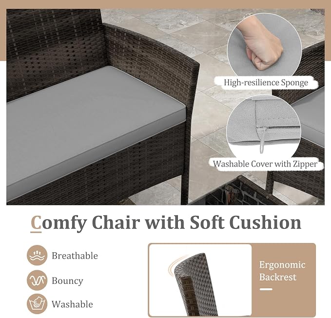 4 Piece Patio Furniture Set, Sectional Conversation Sofa Set with Glass Coffee Table, Cushions & Loveseat, Wicker Outdoor Table and Chairs for Pool, Garden, Deck, Backyard (2, Grey)