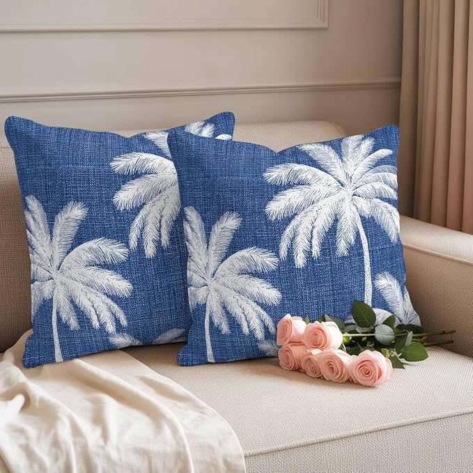 Outdoor Pillow Covers 24x24 Inch Set of 2, Navy Blue Palm Trees Waterproof Throw Pillow Covers, Farmhouse Tropical Summer Beach Decorative Cushion Pillowcases for Couch, Sofa, Bed, Garden, Patio
