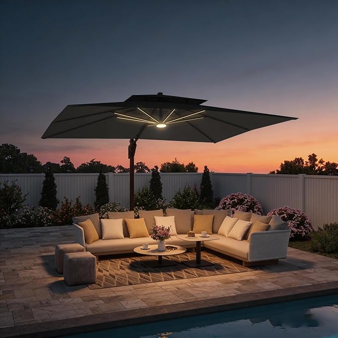 9 X 12 FT Cantilever Outdoor Patio Umbrella with Base Included Large Heavy Duty 360° Rotation Double Top Offset Rectangular Umbrellas with LED Lights for Backyard Outside Deck, Black