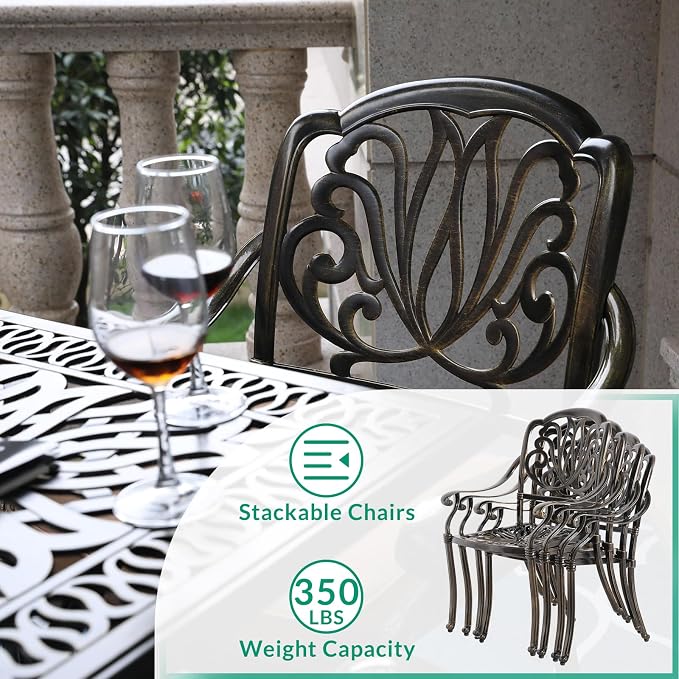 VIVIJASON 5-Piece Outdoor Patio Dining Set, All-Weather Cast Aluminum Conversation Set, Patio Furniture Set for Backyard, Include 4 Cushioned Chairs, a 35.4" Round Table w/Umbrella Hole, Red Cushion