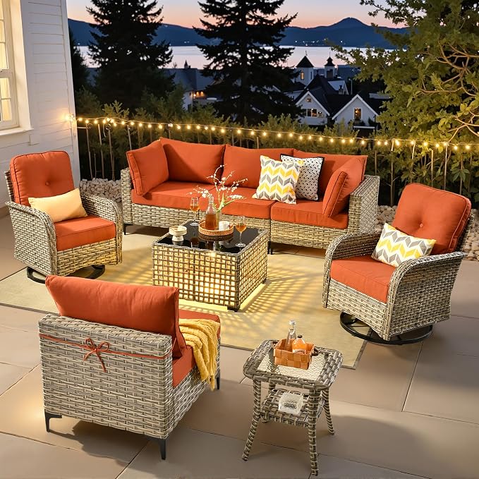 8 Pieces Wicker Patio Furniture Set,Outdoor Sectional Sofa with Swivel Chairs Coffee Table,Outside Deep Seat Rattan Couch Conversation Set,Orange Red