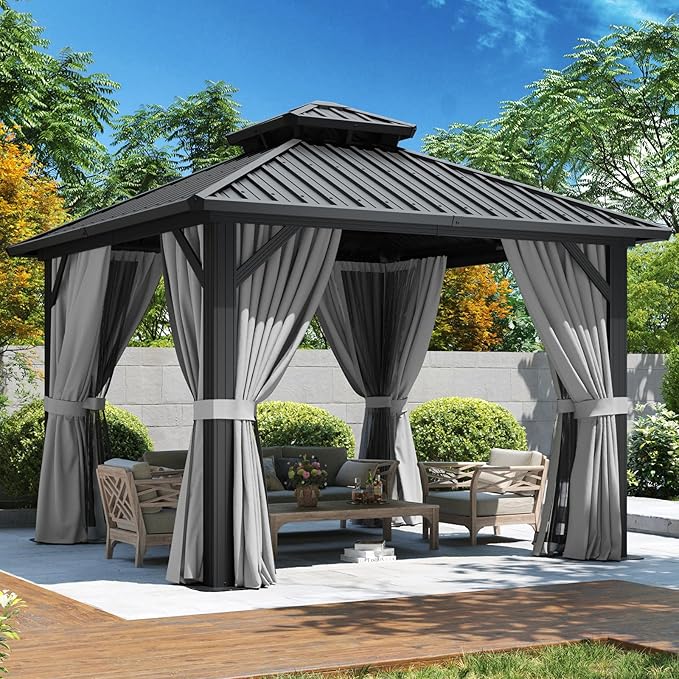 Aoxun 10’x10’ Hardtop Gazebo, Permanent Metal Pavilion with Galvanized Steel Double Roof, Outdoor Pregola for Lawn, Garden, Patio (Black)