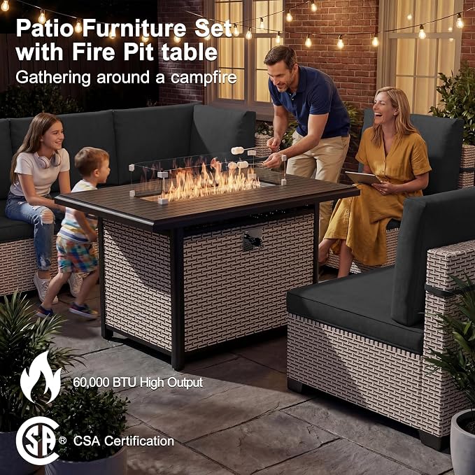 Patio Furniture Set, 18-Piece Outdoor Sectional Sofa with Swivel Rocker Chairs & Fire Pit Table, Wicker Patio Conversation Set with Coffee Table, Black Cushions