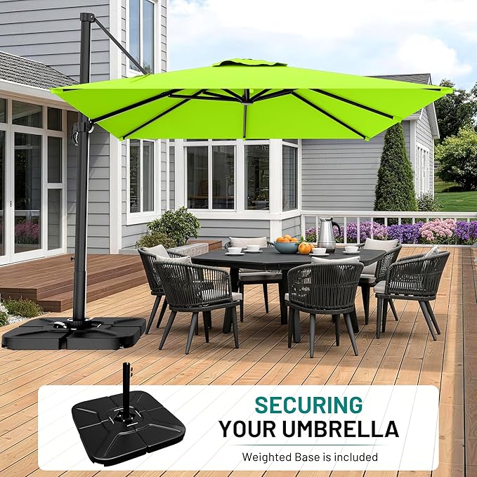 AreShark 9 × 9FT Square Cantilever Patio Umbrella with Base Included, 360° Rotation Offset Outdoor Umbrella, 5 Tilt Settings Heavy Duty Hanging Parasol for Deck Garden Pool, Apple Green