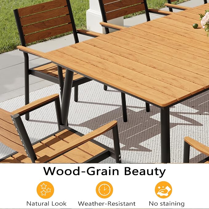 11-Piece Outdoor Dining Set for 10 Person with Teak Wood-Grain Top | Armrest Stackable Chairs with 19.4" Seat Depth, Aluminum Frame Dining Furniture with Umbrella Hole for Deck, Porch & Backyard