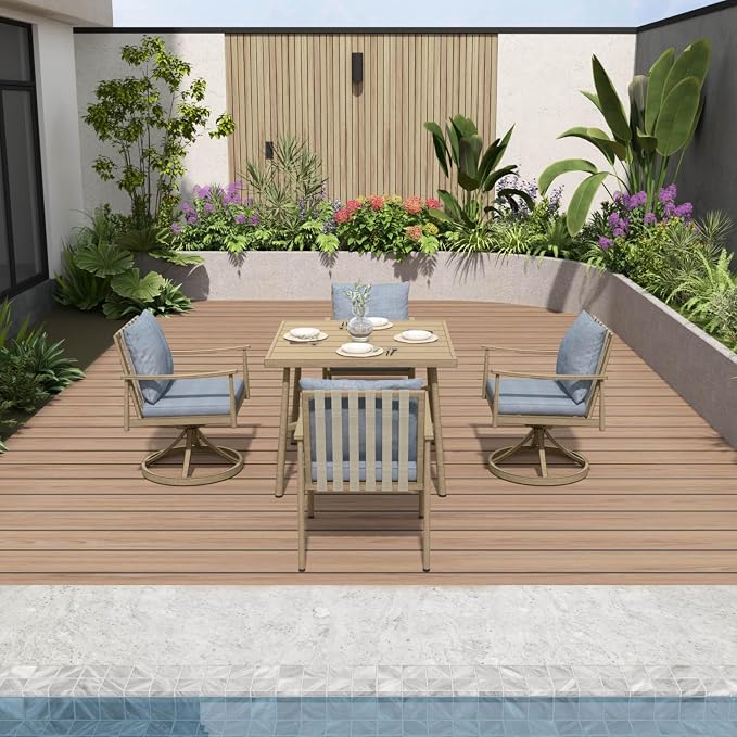 5-Piece Outdoor Dining Set for 4, Aluminum Patio Dining Set with Cushions, 2 Dining Chairs and 2 Swivel Chairs with Rope Backrest, Square Table with Umbrella Hole for Lawn Porch Backyard,Brown