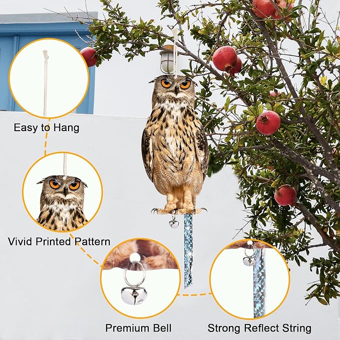 Owl to Keep Birds Away, 3 Pack Bird Scare Owl Fake Owl, Reflective Hanging Bird Decoration, Dual-Side Printed Owl to Keep Birds Pigeon Away from Patio Garden