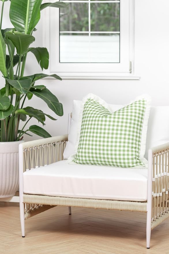 Hofdeco Premium Coastal Patio Indoor Outdoor Pillow Cover Only, 20"x20" Water Resistant for Backyard, Couch, Green Gingham Fringe (Pack of 2)