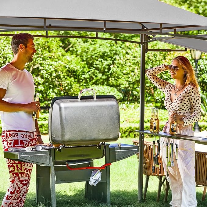 FAB BASED 5x8 Grill Gazebo with Extra Awning, All-Weather Steel Construction, Double Tiered & Resistant Canopy Roof, Metal Serving Shelves, 2 LED, Bottle Opener for Patio, Backyard, BBQ (Light Gray)