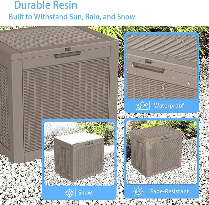 35-Gallon Outdoor Storage Box, Waterproof Deck Box for Patio Cushions, Garden Tools, Pool Accessories, Lockable Outside Storage Bin for Backyard & Deck (Grey)