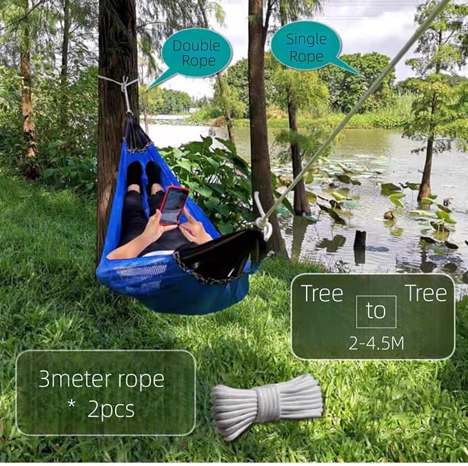 Portable Camping Hammock, Cool Ice Silk Mesh Hammocks with Tree Straps Carry Bag, Single Hanging Sturdy Hammock for Travel Patio Garden. Up to 550lbs. Green A
