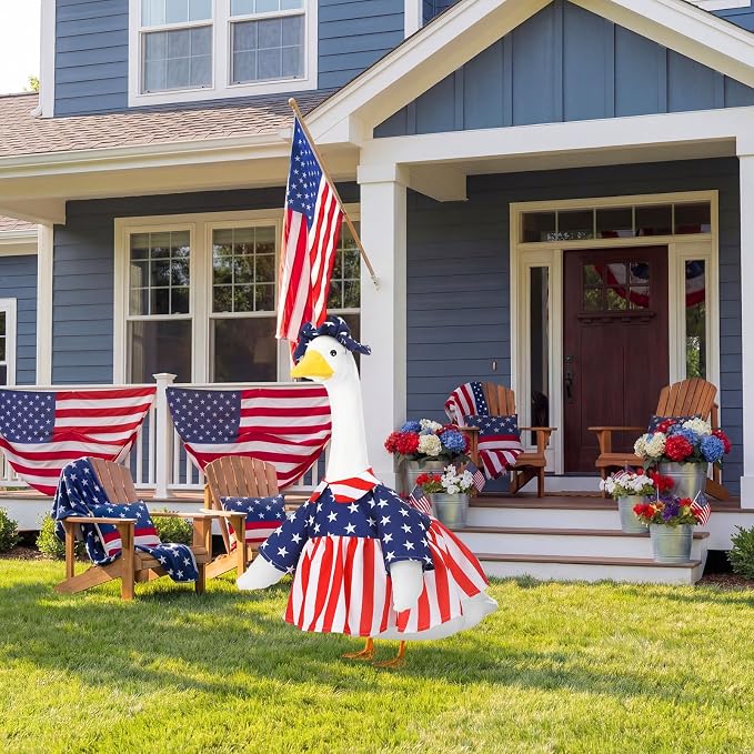 Abbylike 4th of July Porch Goose Outfit Patriotic Goose Outfit 250th Red White and Blue Yard Geese Costume Clothes Fits Large 23'' Cement Statue for Independence Day Patio Garden Art Decoration