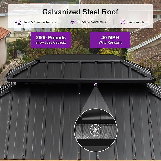 PURPLE LEAF 10' X 12' Outdoor Hardtop Gazebo for Patio Galvanized Steel Double Roof Permanent Canopy Teak Finish Coated Aluminum Frame Pavilion Gazebo with Netting and Lights