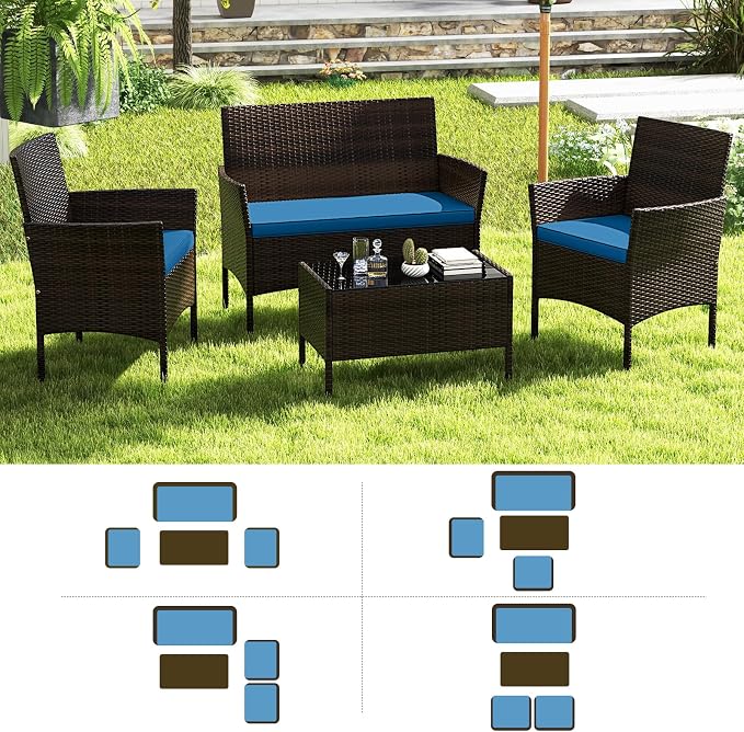 RELAX4LIFE 8-Piece Patio Furniture Set - Rattan Outdoor Conversation Bistro Set w/Cushions, Glass Coffee Table, Wicker Chairs & Loveseat for Garden Backyard Porch, Balcony Furniture Set (2, Peacock)