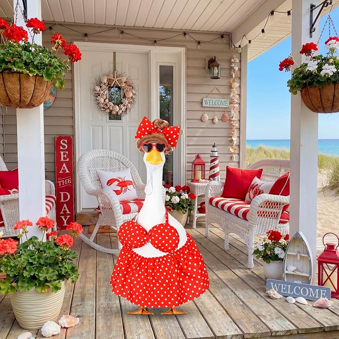 Abbylike Summer Bikini Porch Goose Outfit Red Polka Dot Bikini Yard Goose Hawaiian Clothes with Sunglasses and Curls Wigs Fits Large 23'' H Cement for Outdoor Garden Patio Pathway Statue Art Decor