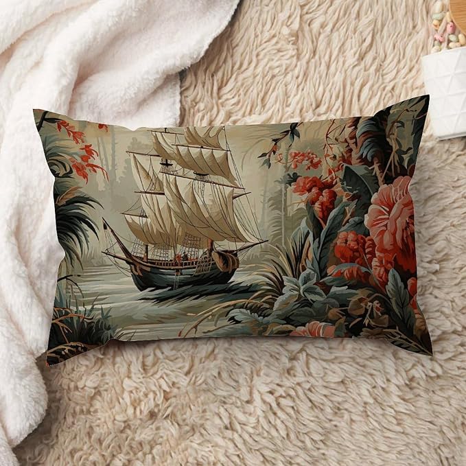 Moore Manor Antique Chinoiserie Lumbar Cushion Cover Vintage Boats and Flowers Pillowcase 16x26in Retro Accent Outdoor Garden Decoration for for Living Room Bed Farmhouse Patio