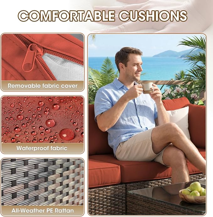 Grezone 7 Piece Patio Furniture Set with 44" Fire Pit Table, Outdoor Sectional Couch, PE Rattan Patio Conversation Sets with 4inch Cushions for Backyard Red