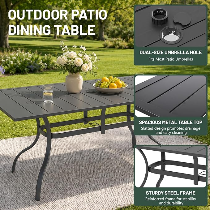 Anmutig 7-Piece Patio Dining Set, Outdoor Furniture 6 Sling Dining Swivel Chairs and Steel Frame Slat Larger Rectangular Table with 1.57" Umbrella Hole for Backyard, Grey