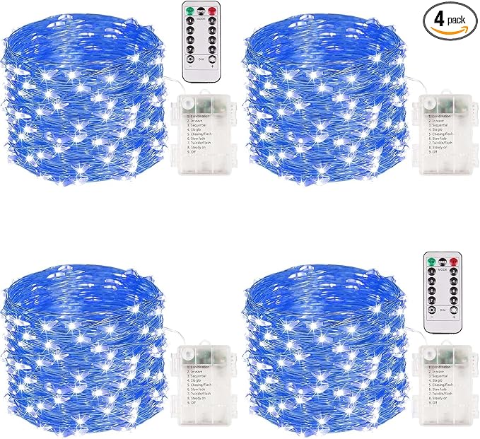 4 Pack Fairy Lights Battery Operated with Remote Timer 33FT 100LED Blue | Remote Control, 8 Modes, Timer, Adjustable brightness, Waterproof Lights for Indoor Outdoor Classroom Christmas Decor