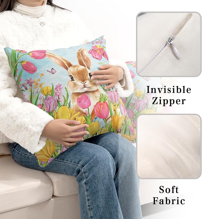Easter Bunny Pillow Covers 18x18 Set of 2 Lovely Rabbit with Tulip Throw Pillow Covers Spring Pillow Case Floral Cotton Blend Cushion Case for Easter Decor Sofa Patio Garden
