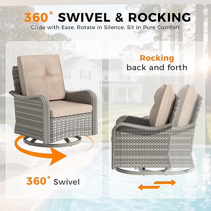 14-Seat Modern Patio Furniture Set with Swivel Rocking Chairs, Thick 4″ Cushions, Dual-Strand Wicker Rattan, Rust-Resistant Steel Frame – Outdoor Conversation & Modular Sectional,Beige